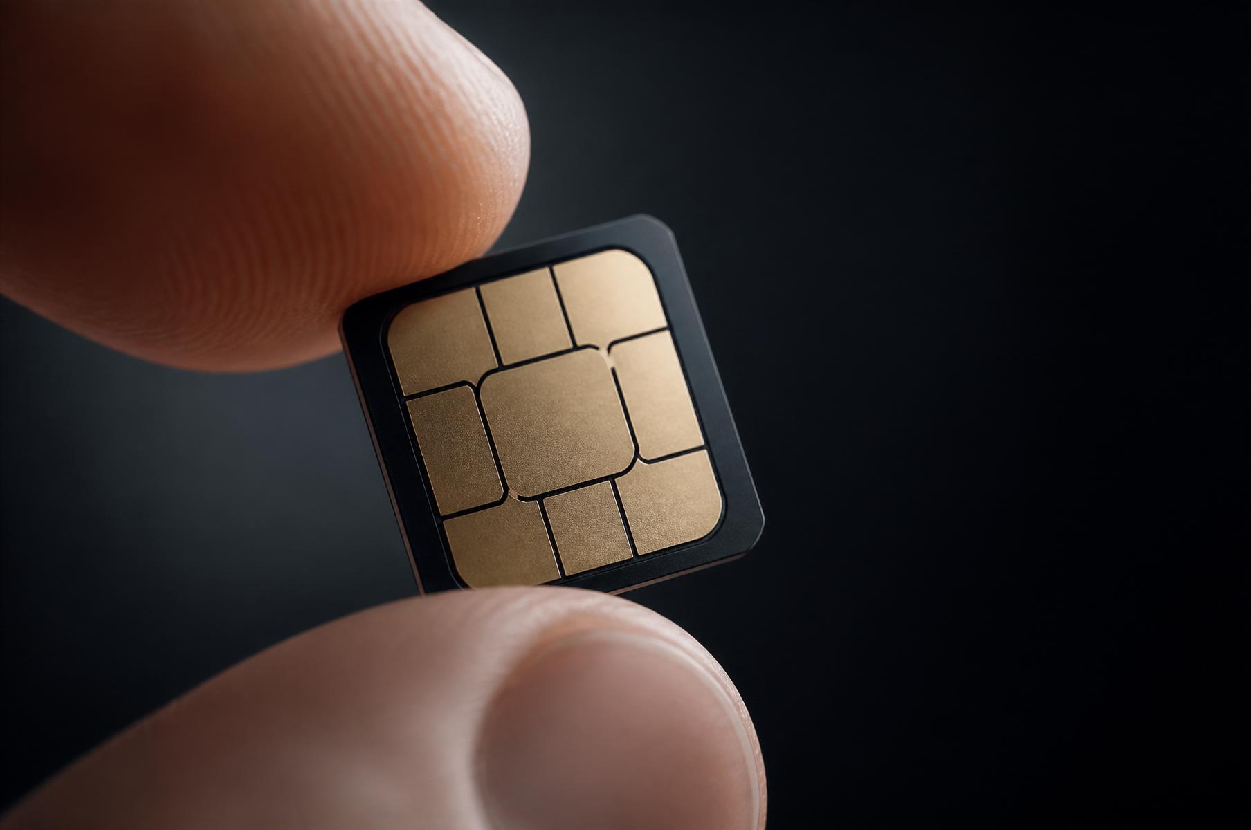 Chip Starlink segurado entre os dedos, detalhe macro