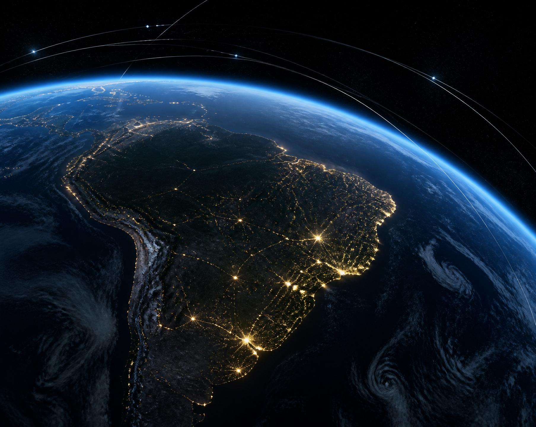 Vista do Brasil a partir da órbita baixa, com trilhas de satélites Starlink